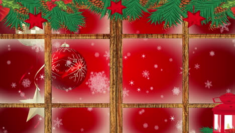 lámpara de navidad roja y marco de ventana de madera contra los copos de nieve que caen contra un fondo rojo