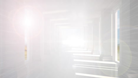 digital animation of bright spot of light against white pillars in empty corridor