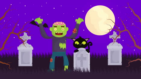 escena oscura de halloween con zombie y gato en el cementerio