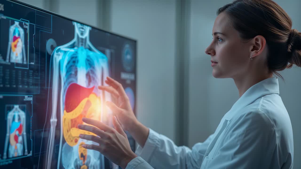 Gesturing doctor in lab coat marking liver on clear touchscreen for diagnosis in lab, copy space