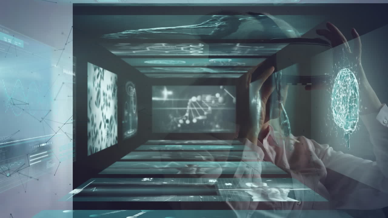 vr 헤드 ⁇ 을 착용 한 여성에 대한 과학 데이터 처리와 함께 화면의 애니메이션