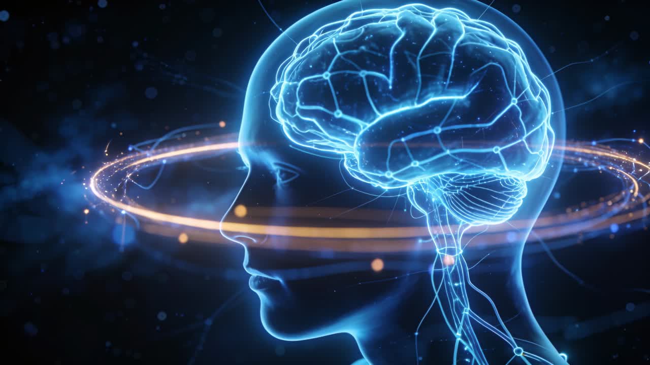 Video verticale: Testa olografica di profilo sinistro su un anello d'oro di partenza che orbita attorno a una rete neurale pulsante a scopo dimostrativo tecnologico.