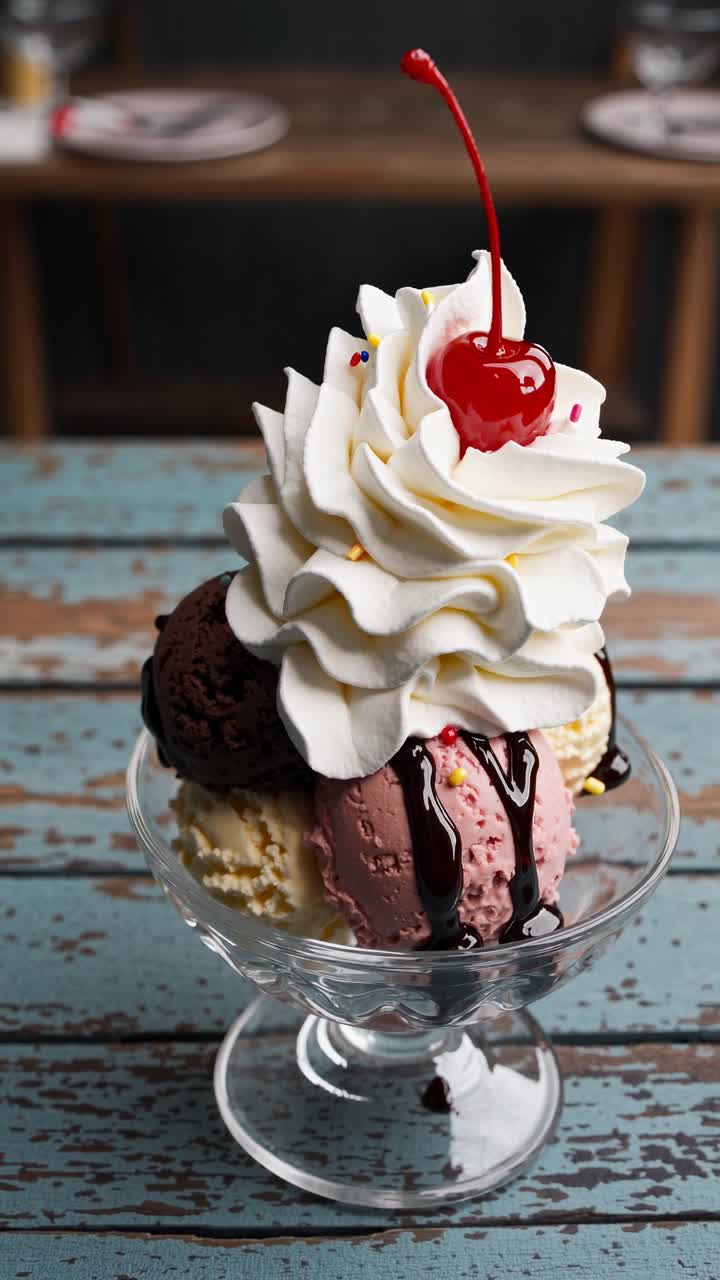 Primo piano video di una coppa di gelato ricca con panna montata e ciliegina