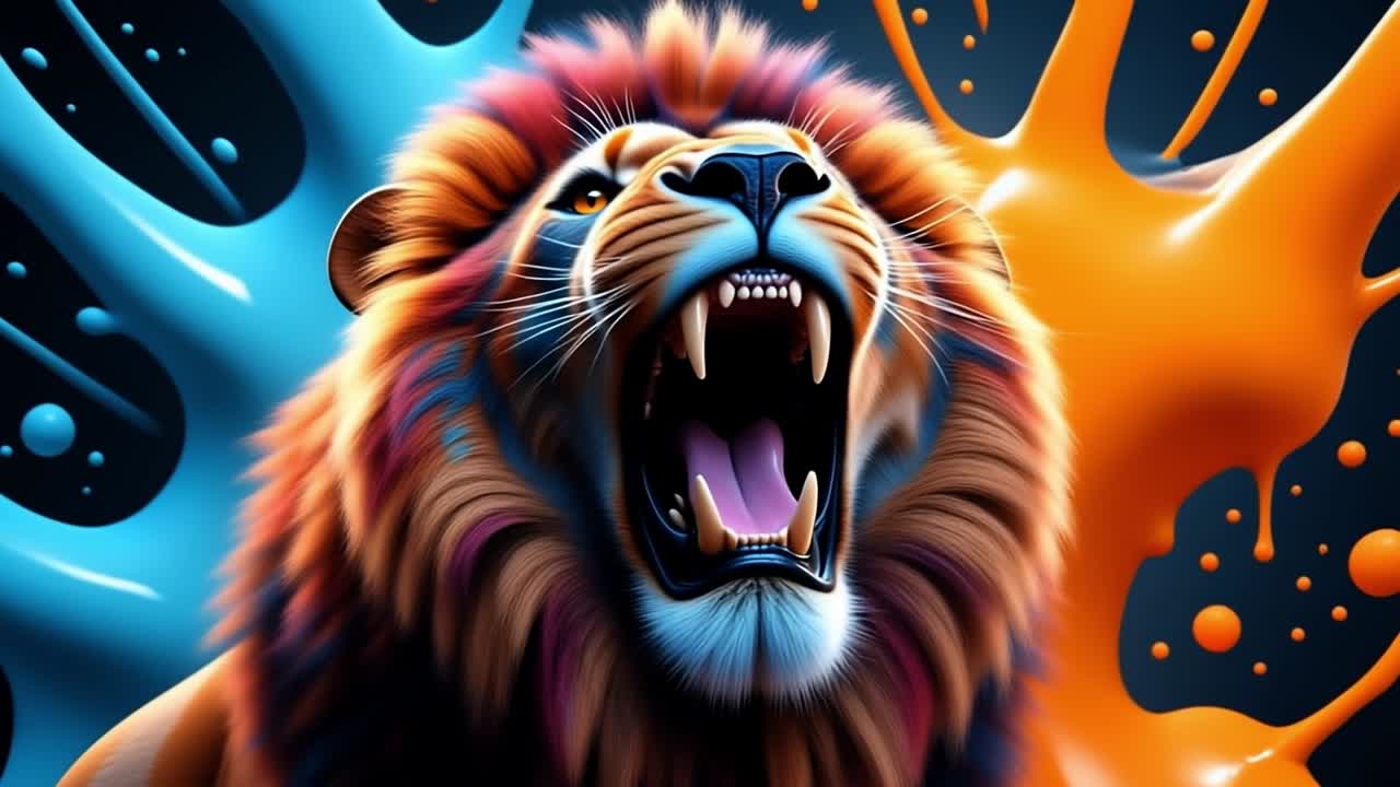 Vivid roaring lion. A lion with a vibrant mane roars fiercely, surrounded by dynamic splashes of blue and orange hues in the background.