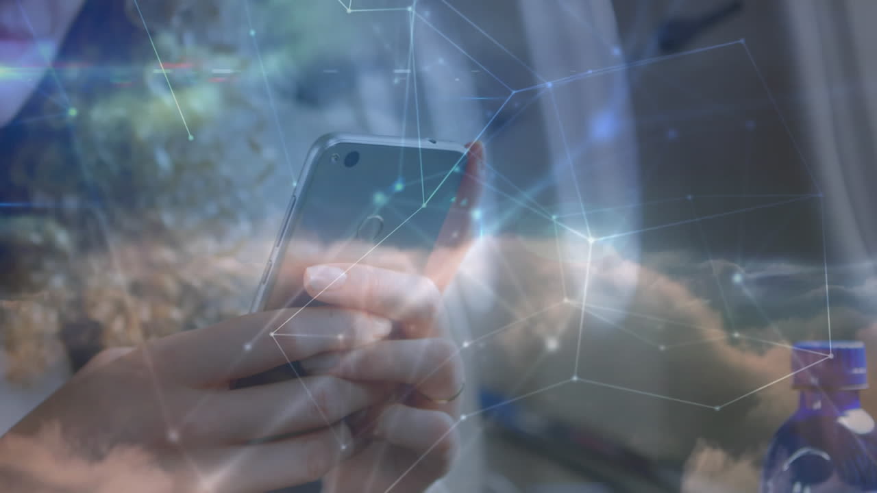 Animation of networks of connections over caucasian businesswoman using smartphone on plane