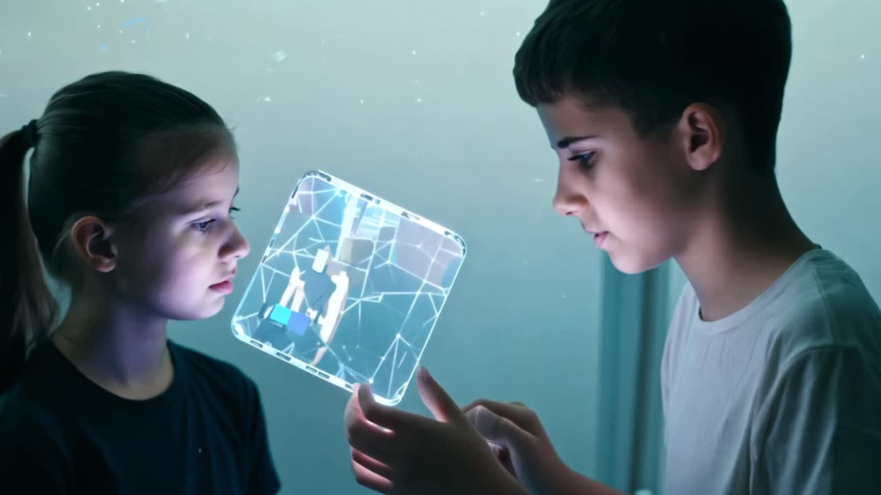 Children interacting with a futuristic digital device