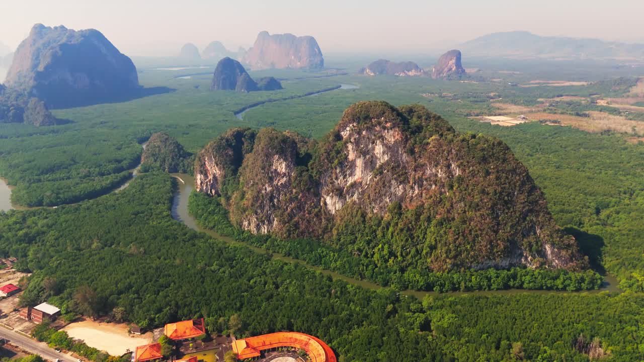 Aerial Ao Phang Nga National Park, Southern Thailand, islands forest jungle mangrove and limestone mountains , drone