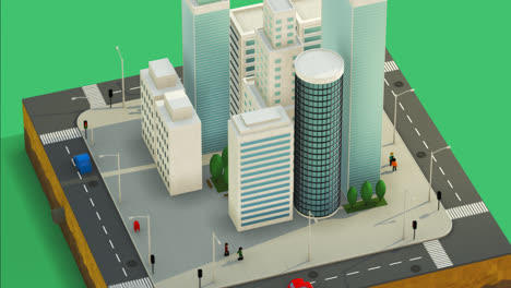 Low-poly-3d-animation-of-the-city-life.-Urban-aerial-view-of-the-city-block-with-skyscrapers,-offices,-shops-and-cars-driving-on-the-streets.-People-are-walking-on-the-crosswalks.