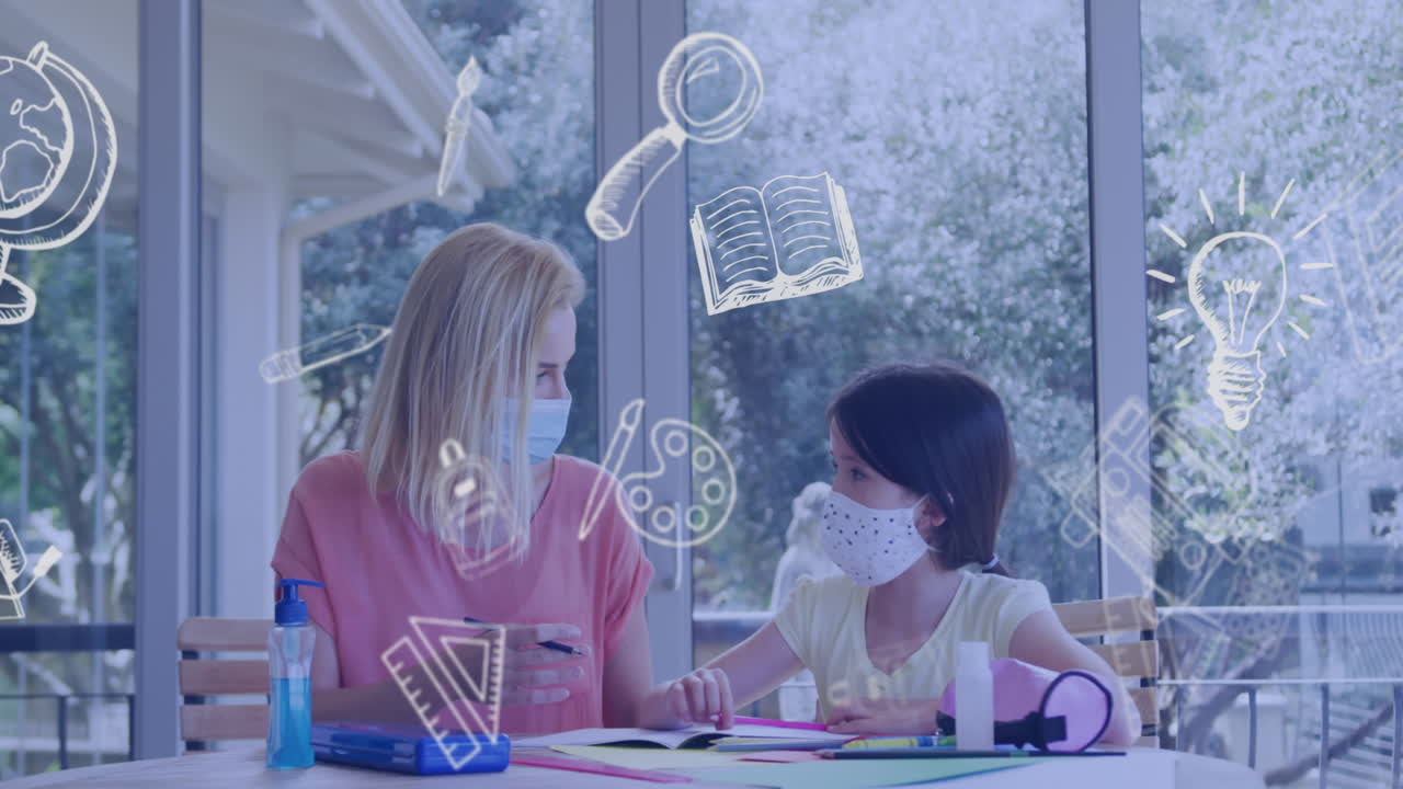 анимация школьных икон над кавказской учительницей с школьницей в масках.