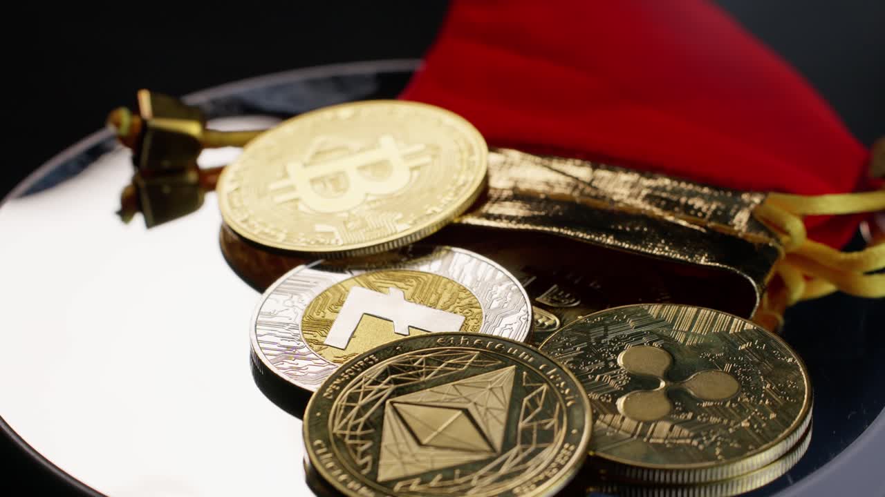 Physical coins of Bitcoin, Ripple, Litecoin, and Ethereum rotate on a mirror surface, spilled from a red bag, as smoke flows over them