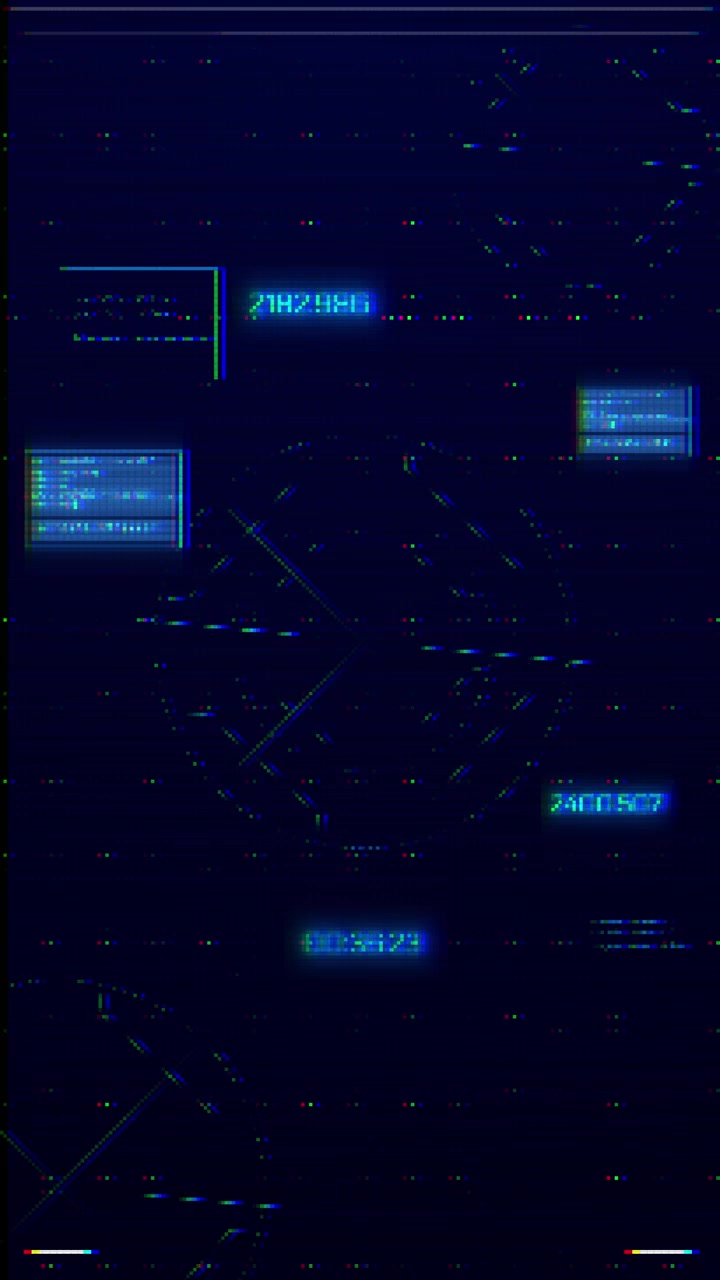 Blue glitch screen interface background with pixel noise floating panels and dark digital distortion