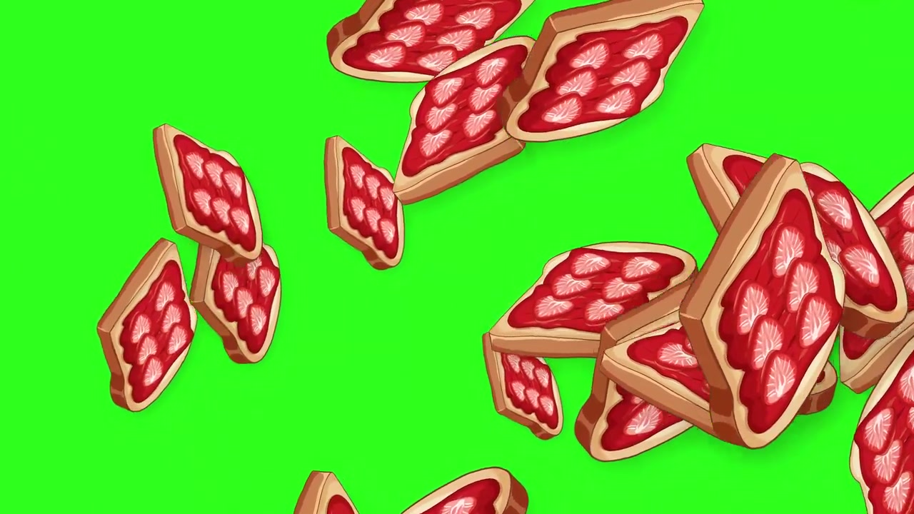 Cartoon toast slices with strawberry jam falling and rotating against a green screen background.