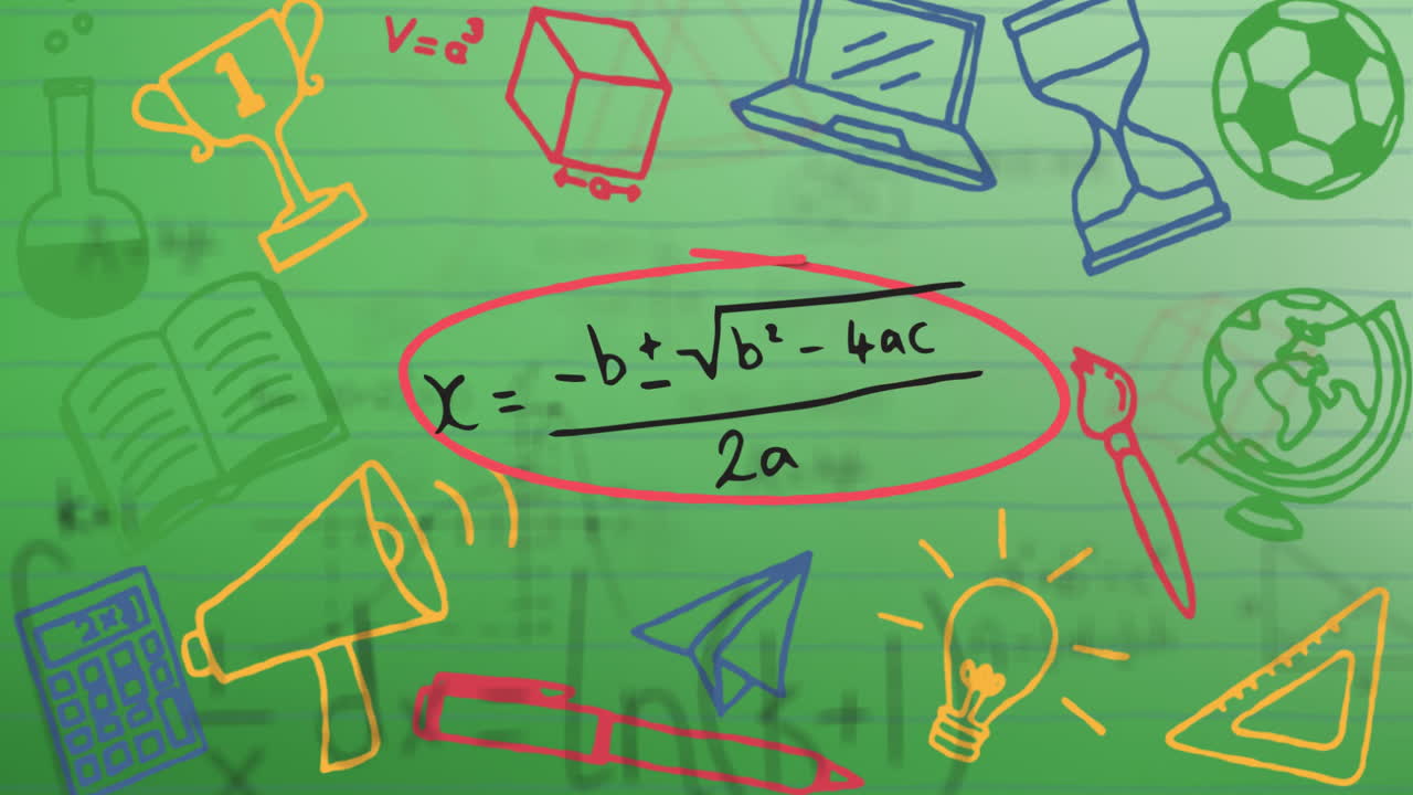 In school, animation of mathematical formula with colorful doodles and symbols