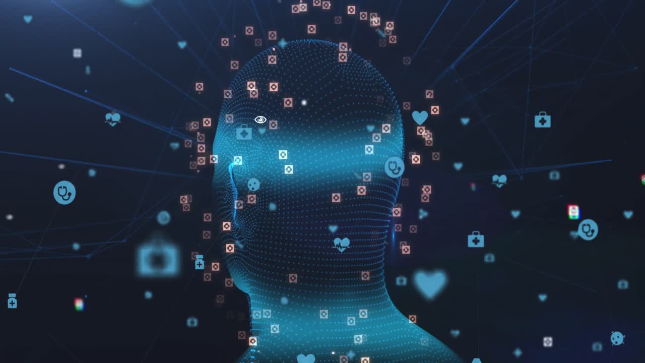검은 바탕에 디지털 헤드 및 의료 아이콘의 애니메이션