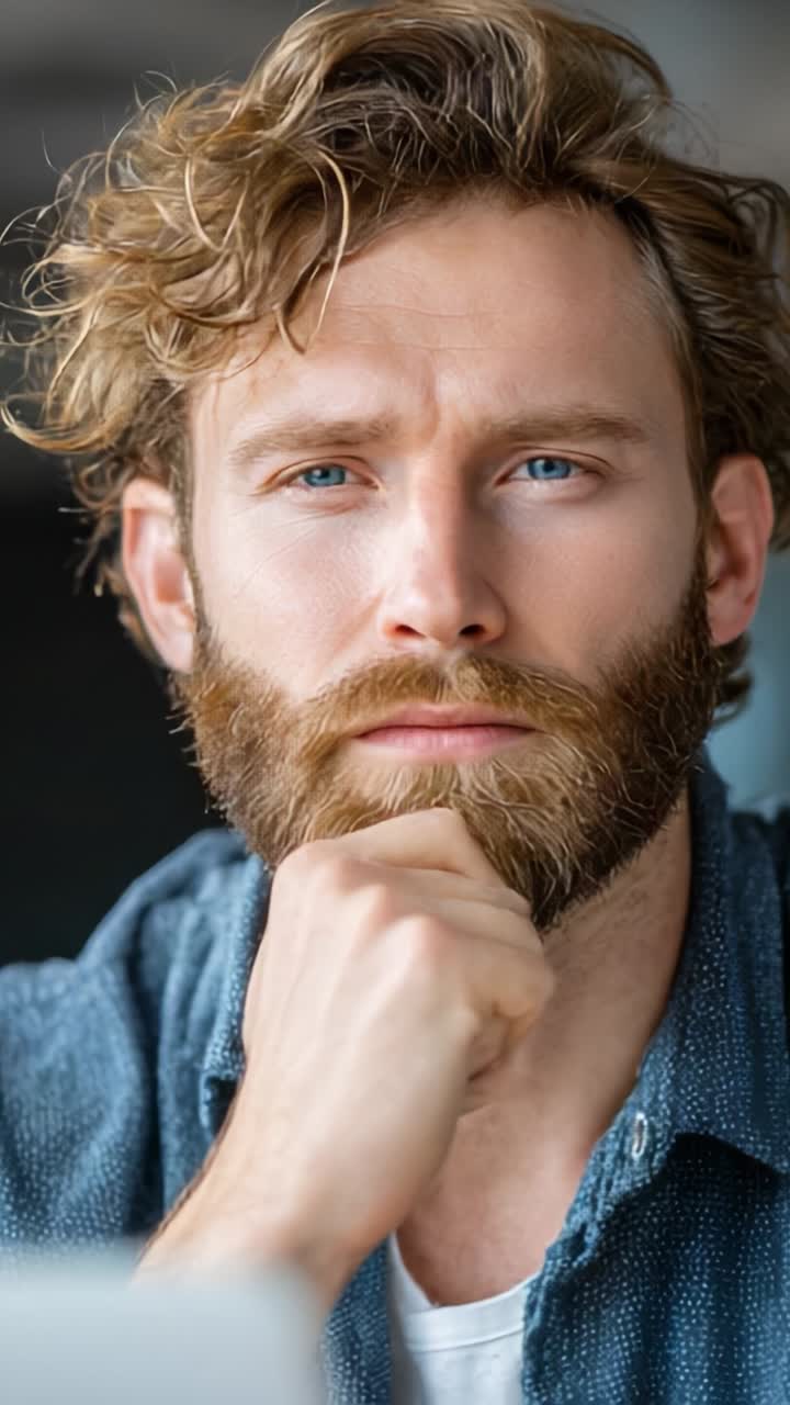 A Thoughtful Moment: Close-Up Portrait of a Young Man with Curly Hair and Beard Deep in Contemplation, Capturing Emotions and Expressions in a Soft Natural Light
