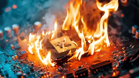 una placa base de computadora en llamas con humo saliendo de ella