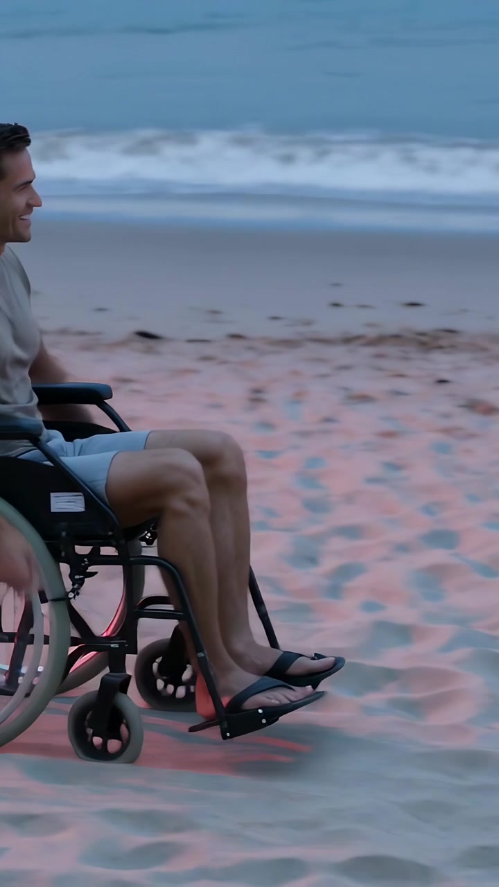 Vertical video: Pushing wheelchair, man in sandals seeing friends, rolling along shore to fire pit