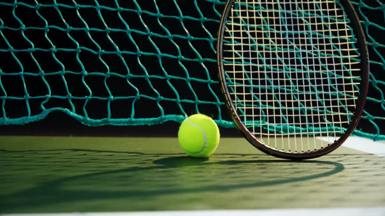 Tennisball og racket mot nettet på tennisbane 4k