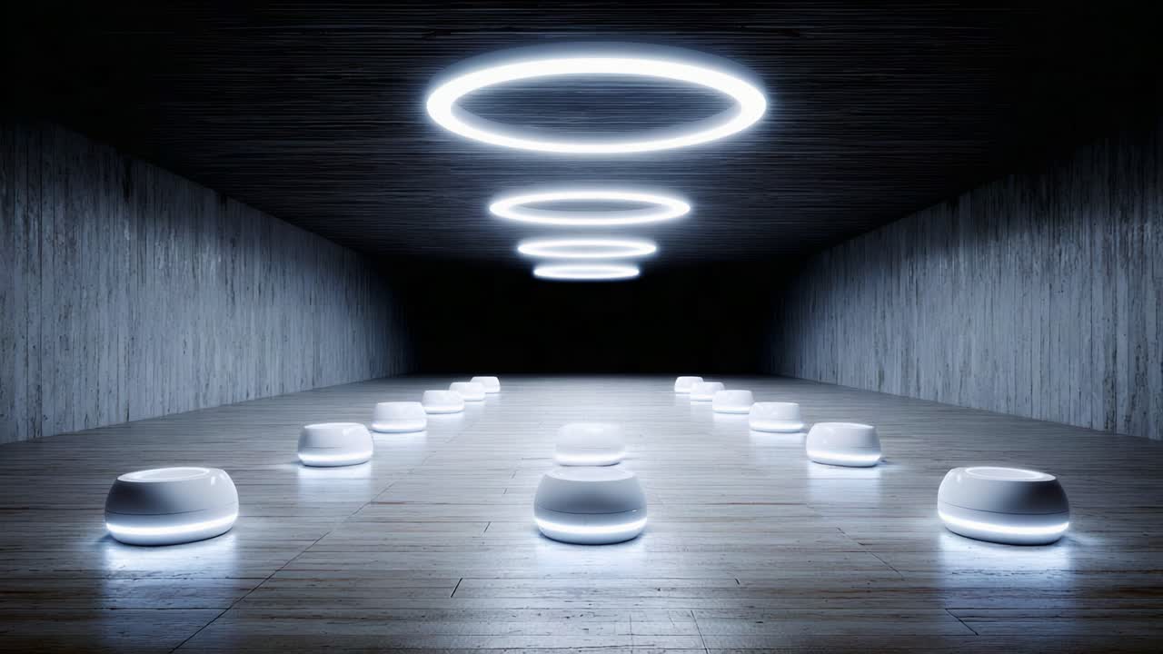 A Futuristic Room with Illuminated Ceiling Rings and Soft, Glowing Shapes on the Floor, Creating a Modern and Minimalist Atmosphere in a Darkened Environment