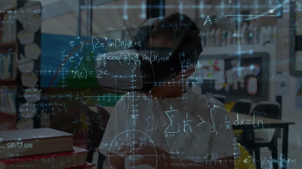 animación de fórmulas matemáticas sobre un escolar usando auriculares vr