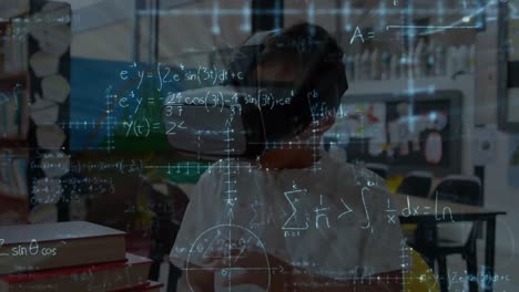animación de fórmulas matemáticas sobre un escolar usando auriculares vr