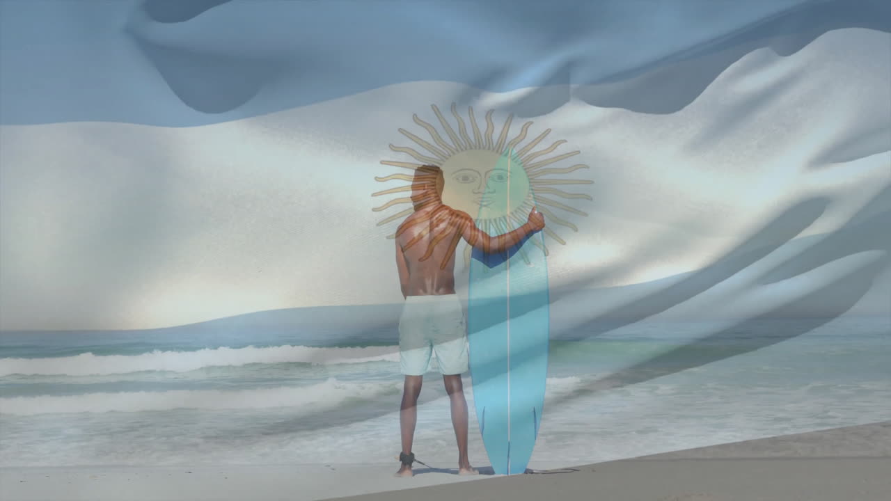 Holding surfboard on beach, man with Argentina flag animation in background