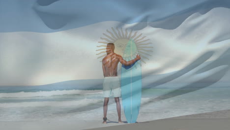 holding surfboard on beach, man with argentina flag animation in background
