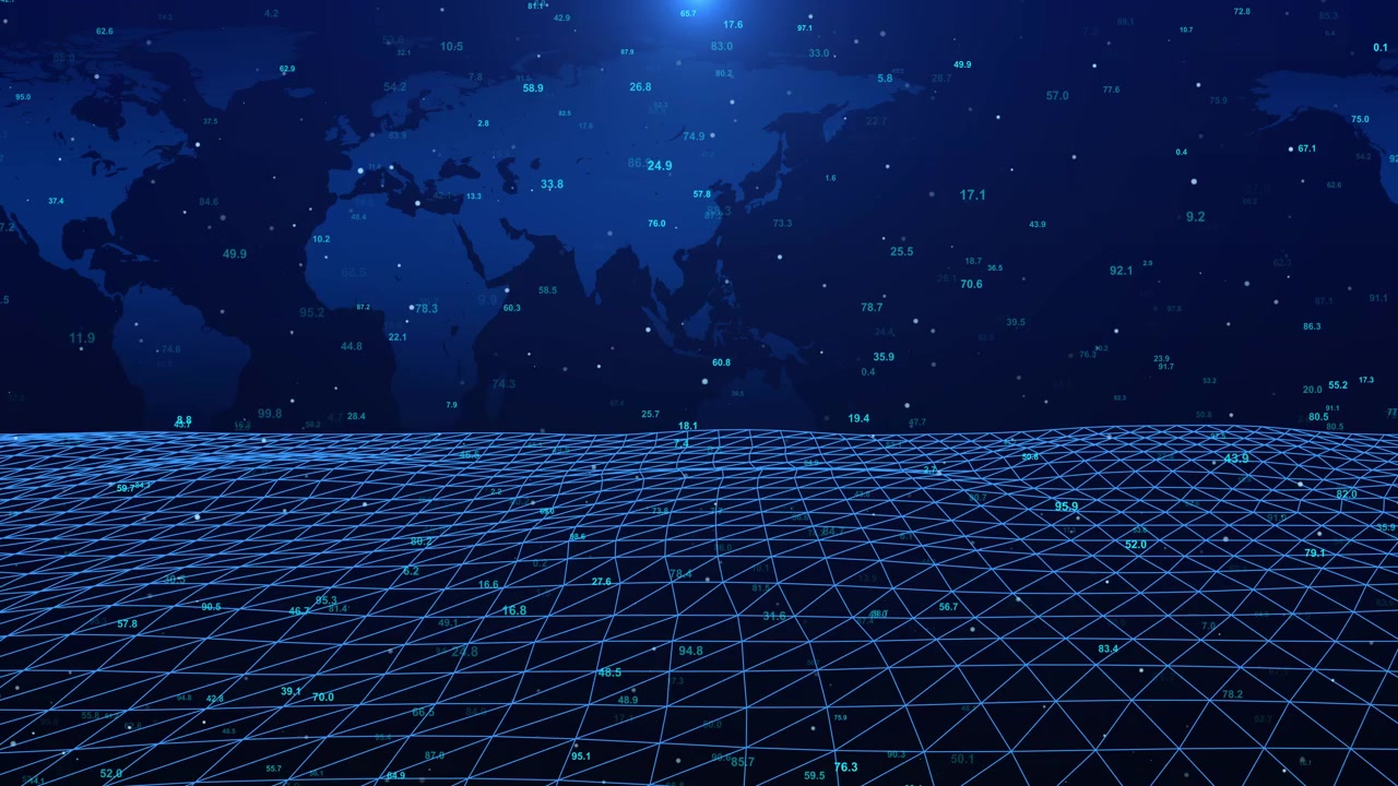 Digital World Map with Floating Data Grid and Numbers