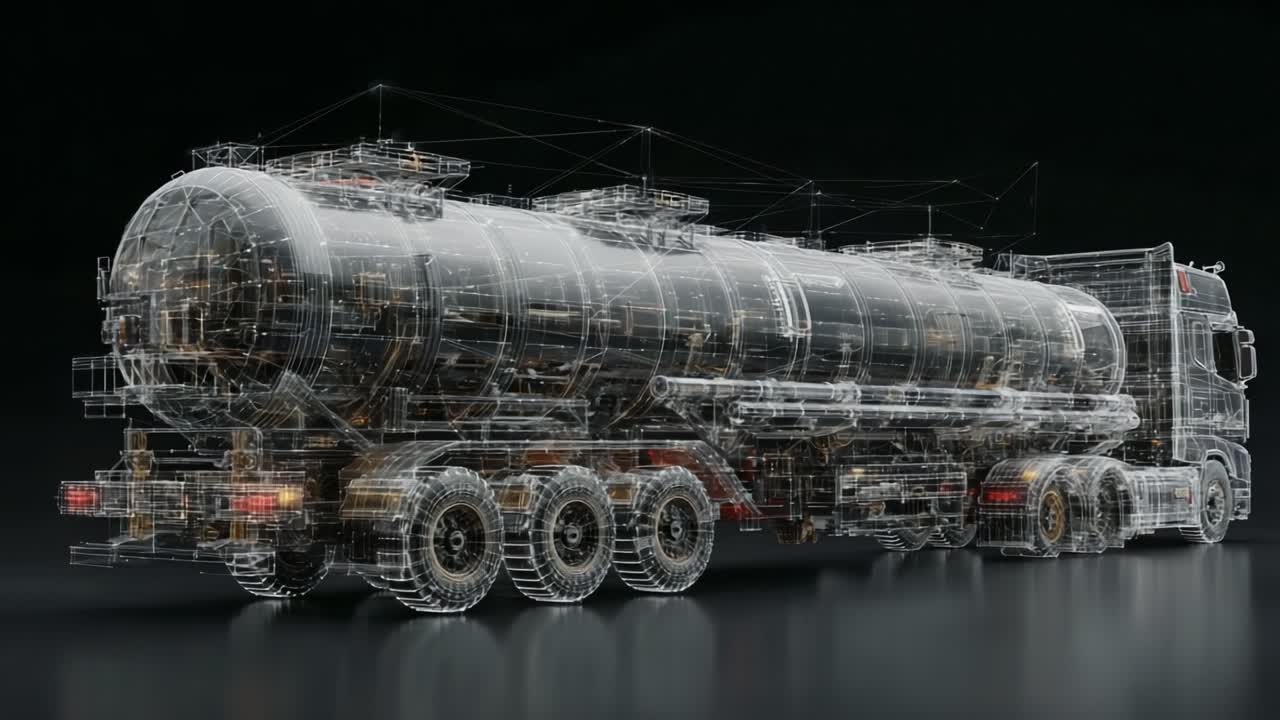 A Detailed Look at a 3D Wireframe Model of a Tanker Truck, Showcasing Complex Structure and Innovative Design Elements in a High-Tech Visualization Environment