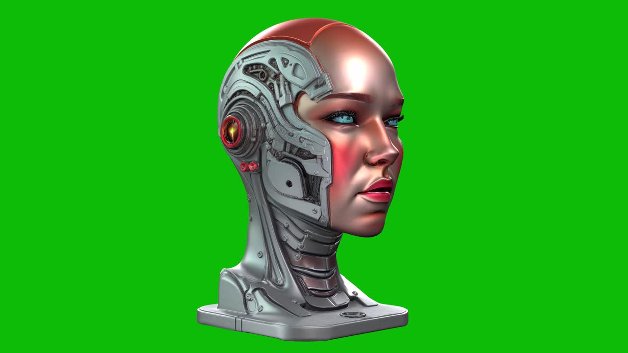 Desain kepala cyborg 3D yang sangat detail 04, setengah manusia, wajah setengah robot dengan komponen mekanis yang terlihat, diisolasi pada layar hijau. Sempurna untuk konsep AI dan visual teknologi futuristik