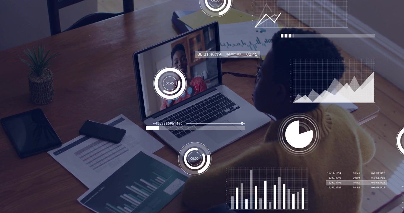 Woman leaning to laptop as peer raising, charts and timers overlaying screen showing business data