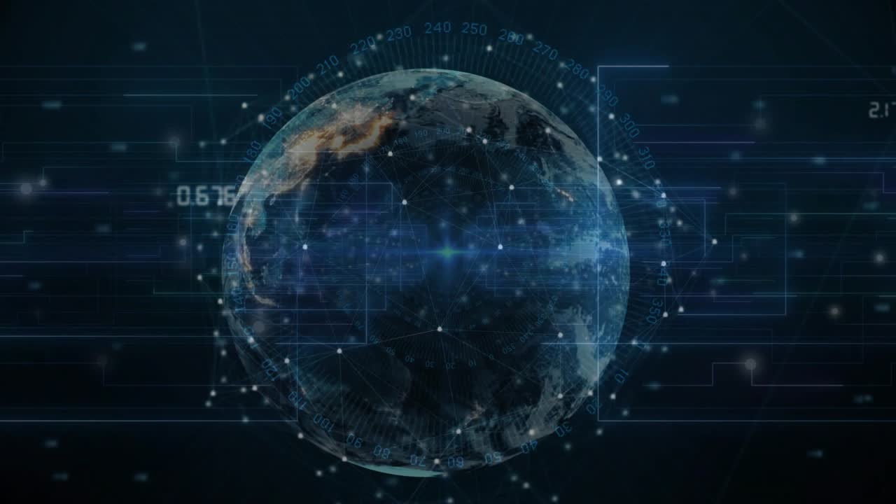 On glow appearing, digital globe rotating east, node net growing, grid sliding showing global links