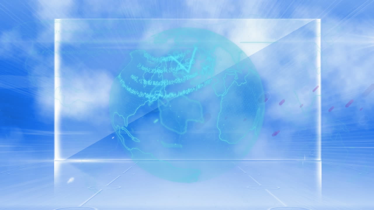 회전하는 지구와 푸른 하늘의 구름에 떨어지는 빛의 흔적에 대한 데이터 처리