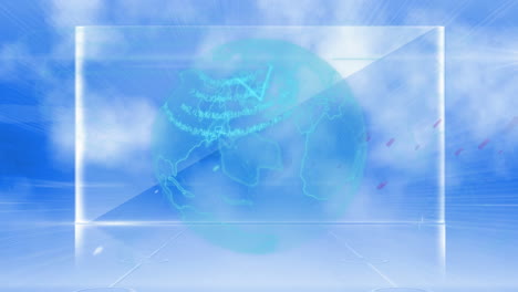 data processing over spinning globe and light trails falling against clouds in blue sky
