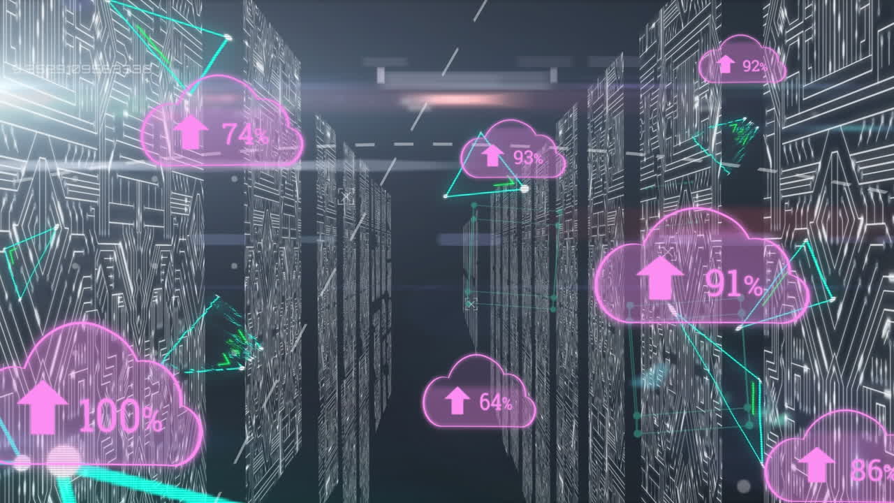 animación del procesamiento de datos con iconos de nubes y formas sobre fondo azul