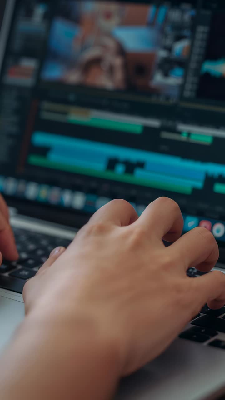Vertical video: Starting edit, editor's right hand trimming clips on laptop timeline to cut footage