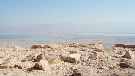 dead sea landscape panoramic view from masada ruins in southern israels judean desert