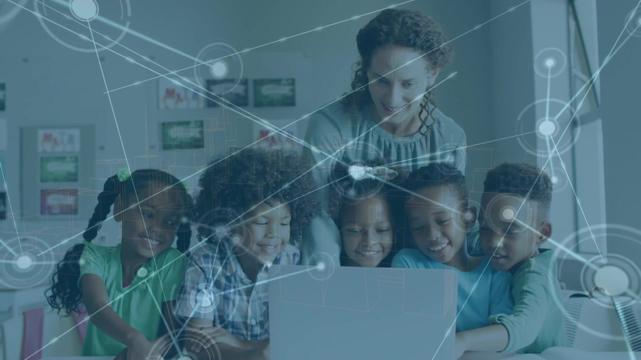 Animation of data processing over caucasian female teacher with diverse schoolchildren using laptop