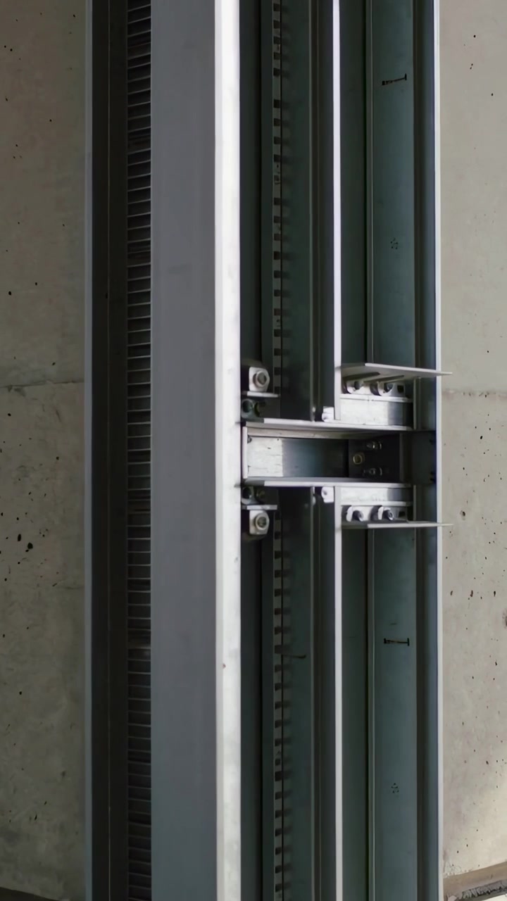 Vertical video: Shifting camera exposing metal rails in shaft for inspection, showing toothed rack
