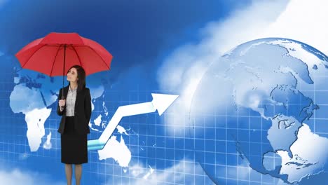 woman holding an umbrella beside a globe and moving arrow