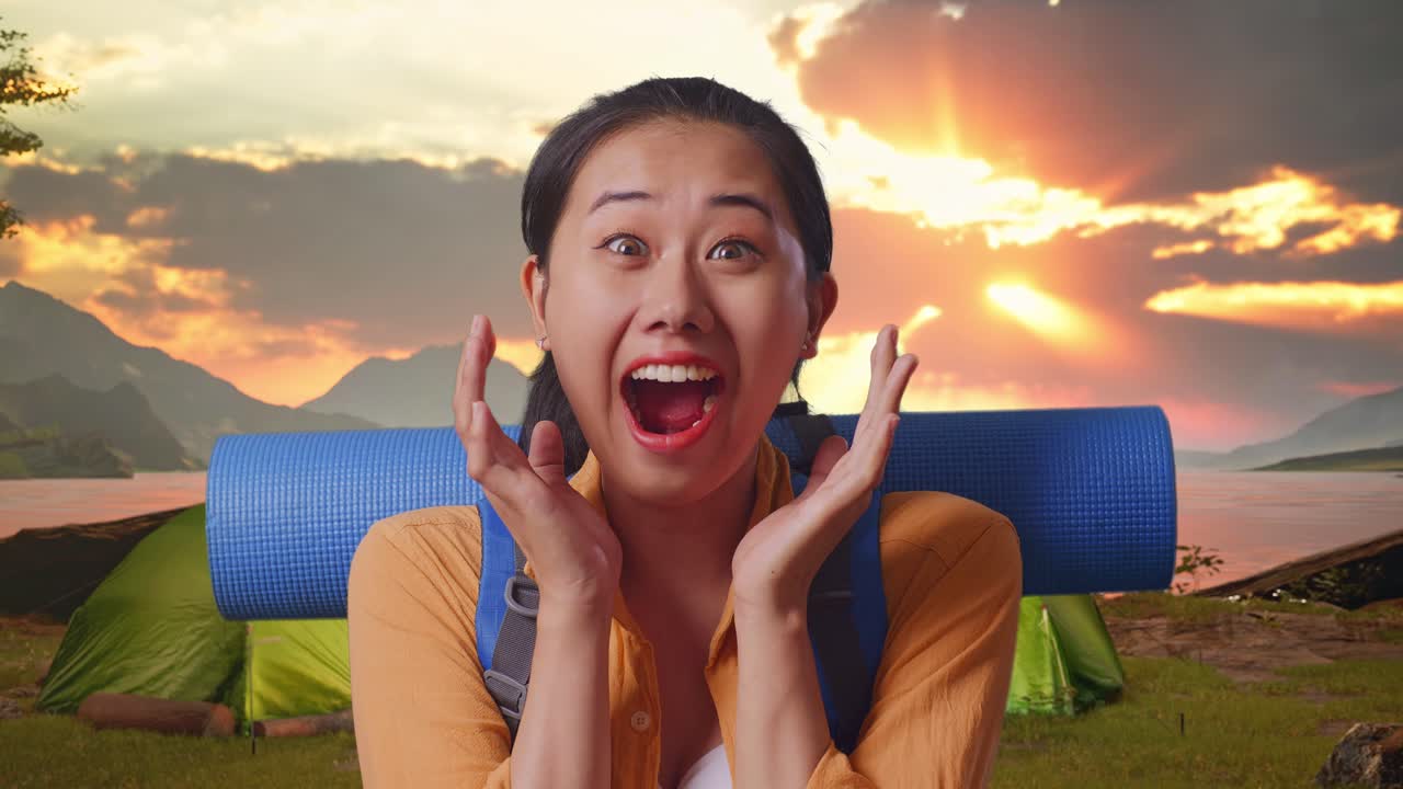 Excited Woman on Camping Trip