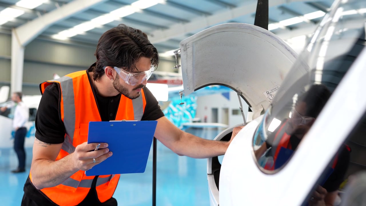 Männlicher Flugzeugmechaniker inspiziert kleines Flugzeug im Hangar