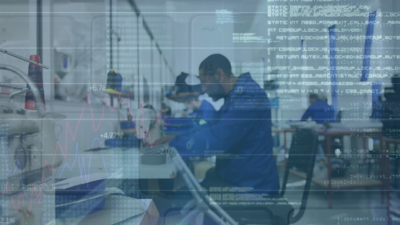 Animation of graphs, binary codes and computer language, african american working in factory