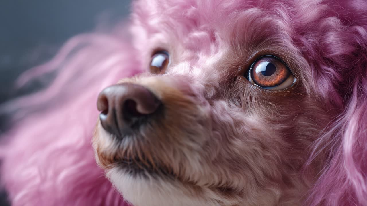 Canlı pembe kıvırcık kürkü ve etkileyici gözleriyle, güzelce aydınlatılmış bir ortamda eşsiz ve oyuncu bir kişiliği sergileyen sevimli bir köpeğin yakın çekimi