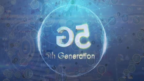 Animation-Von-5G-Text-Der-5.-Generation-über-Symbolen-Und-Datenverarbeitung-Auf-Blauem-Hintergrund