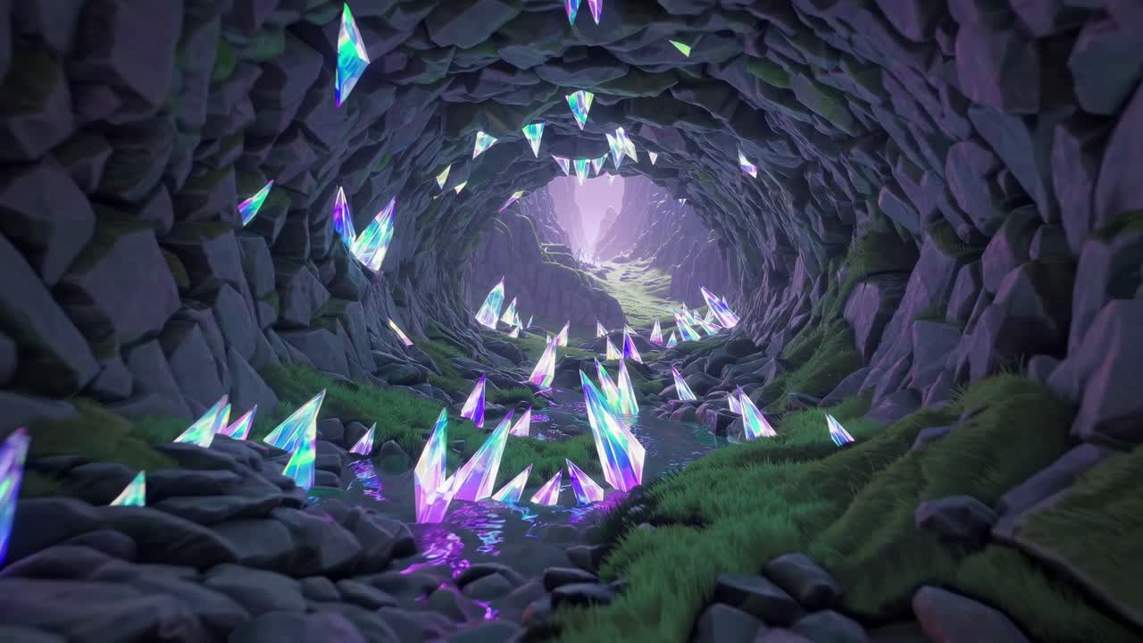 A Magical Cave with Glowing Crystals and Lush Vegetation
