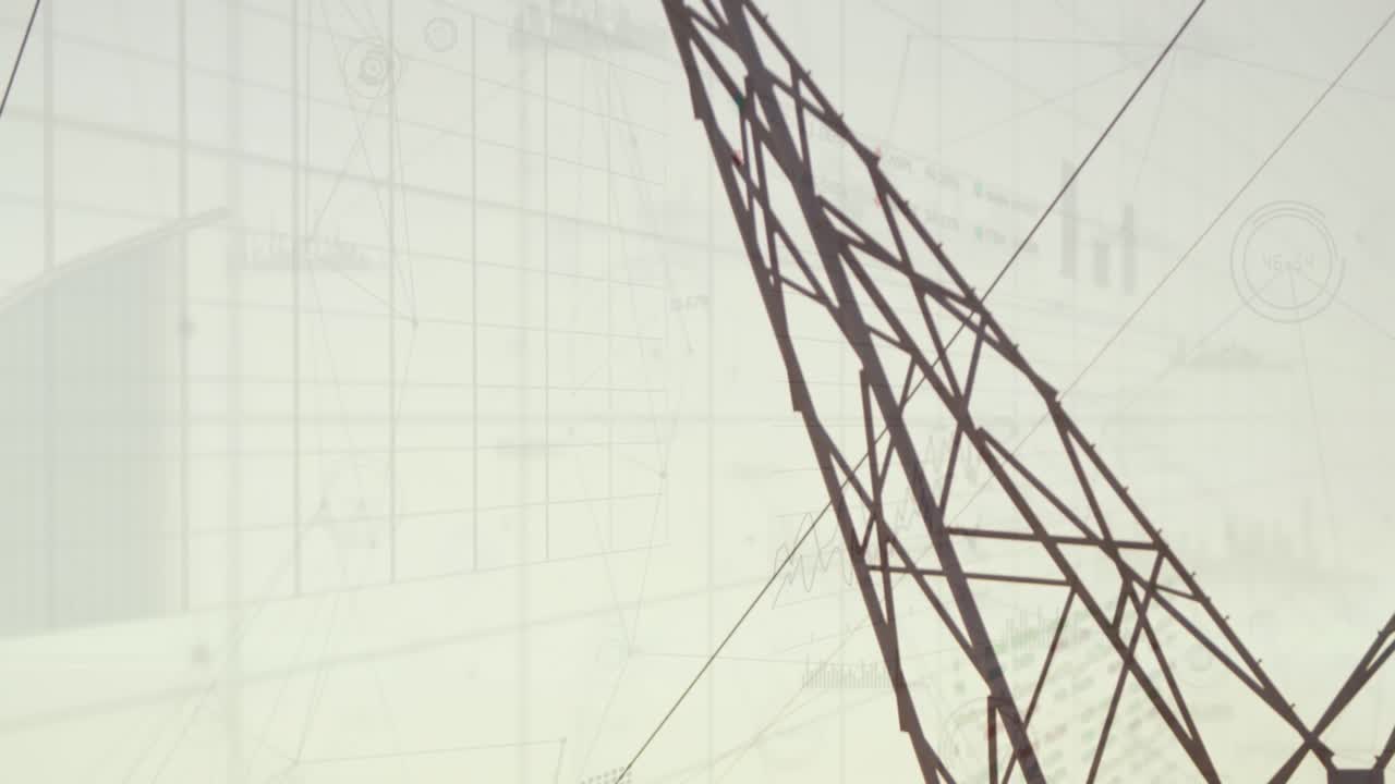 Animation of statistics and data processing over electricity pylon and landscape