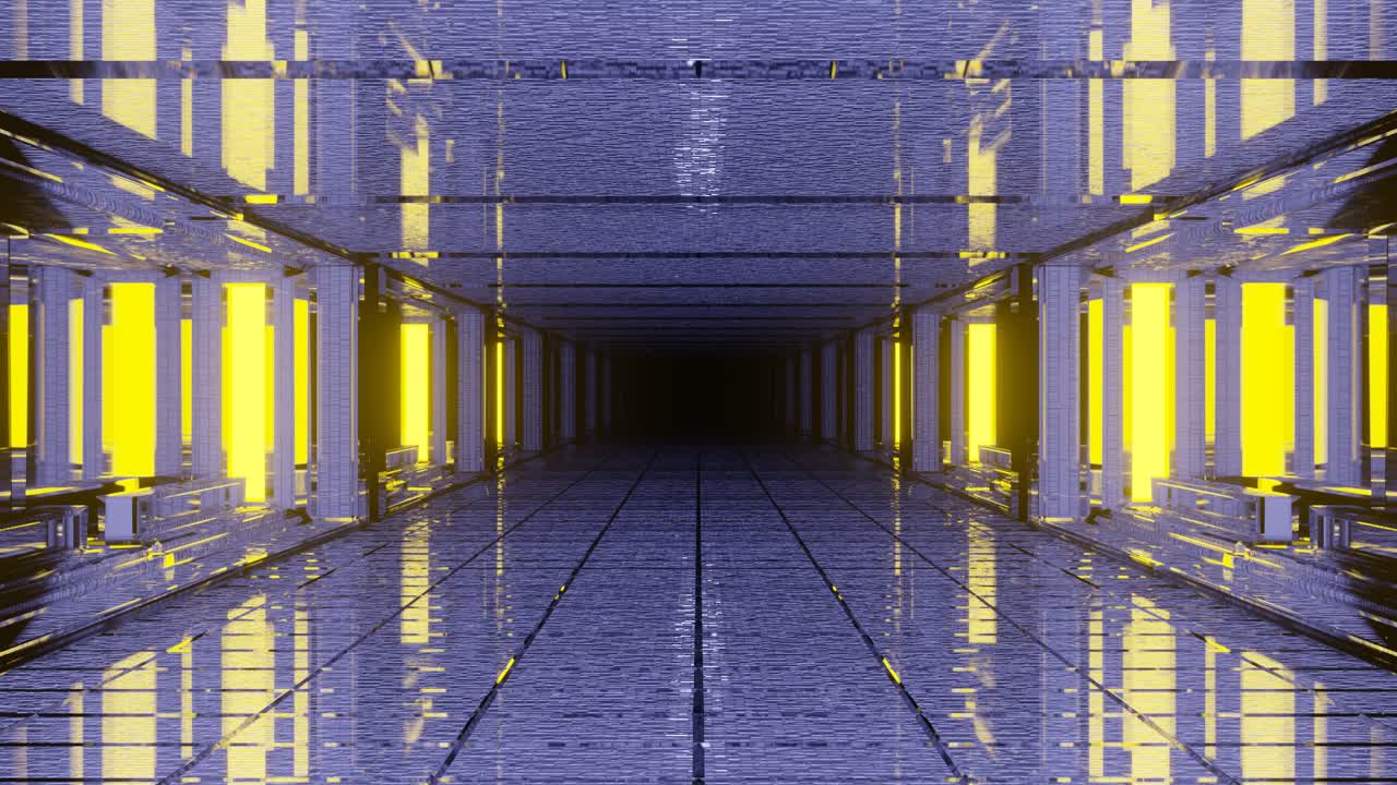 moviéndose a través de un amplio pasillo vacío con un suelo y un techo reflectantes