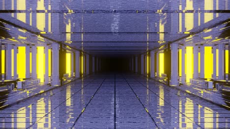 moving through a wide empty corridor with a reflective floor and ceiling