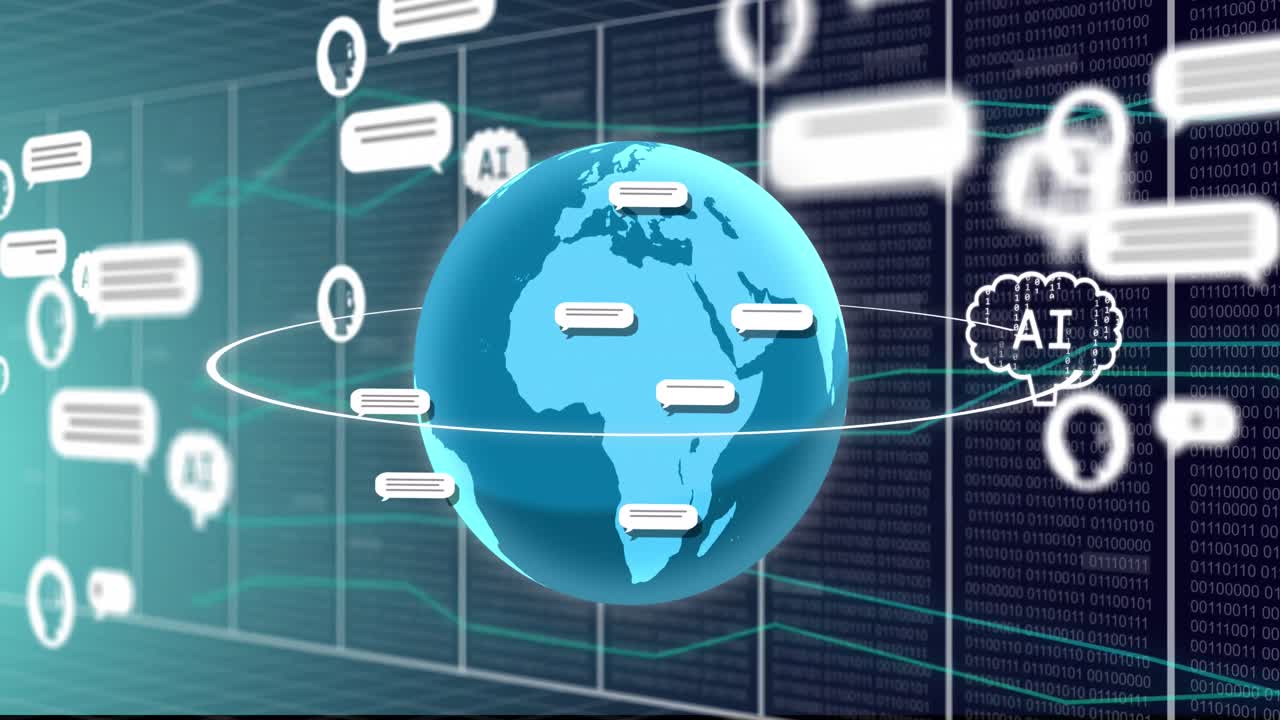 animación de un chat y procesamiento de datos en todo el mundo en fondo verde